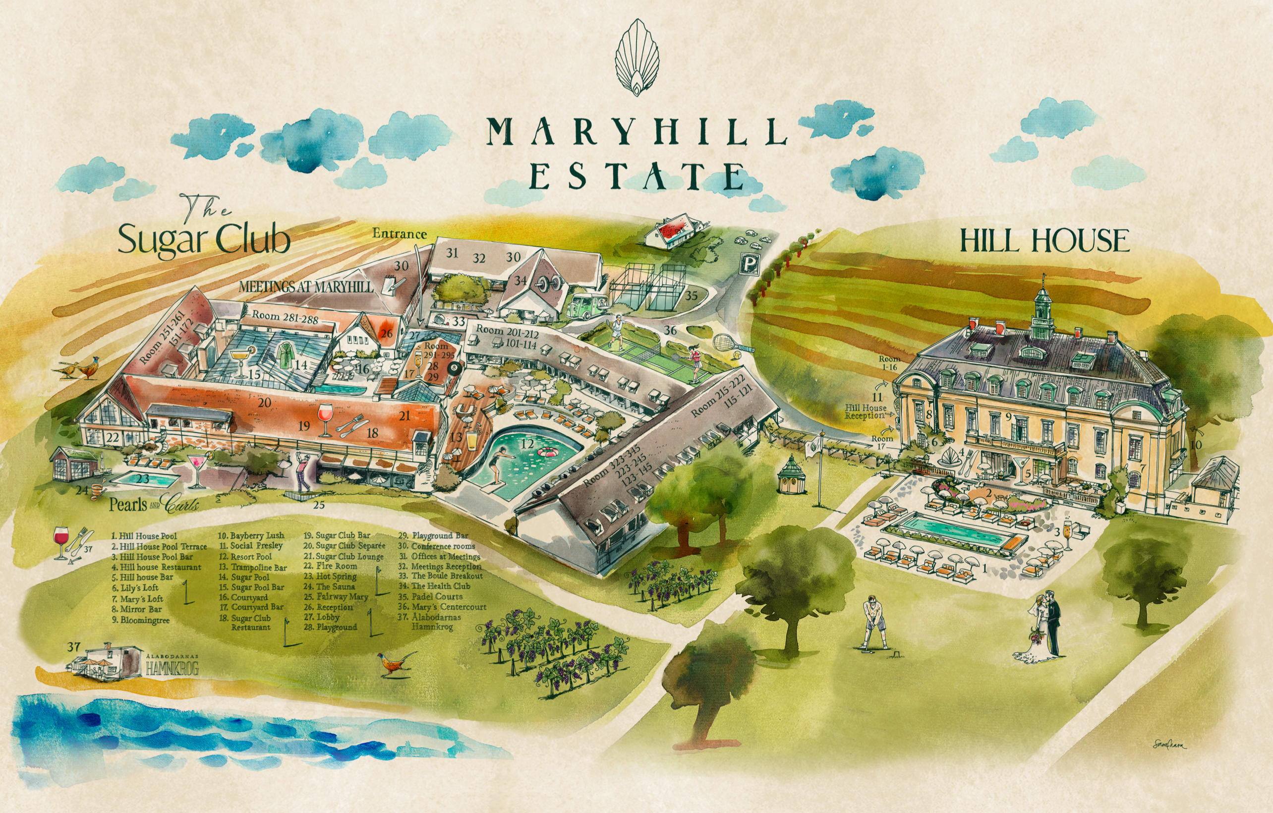 Illustrated map of Maryhill Estate showing Hill House, the Sugar Club, guest rooms, pools, and amenities